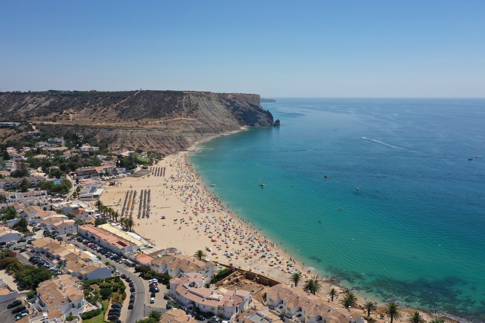 Praia da Luz beach aerial view western Algarve Portugal